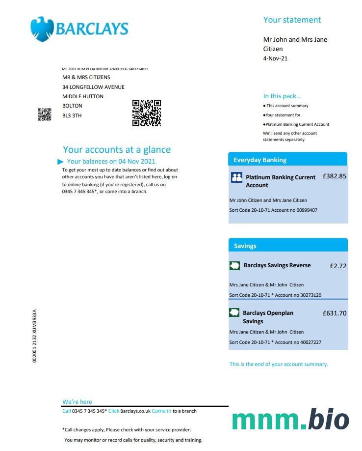 Wielka Brytania Barclays wyciąg bankowy szablon w .doc i .Format pdf, Wersja 2